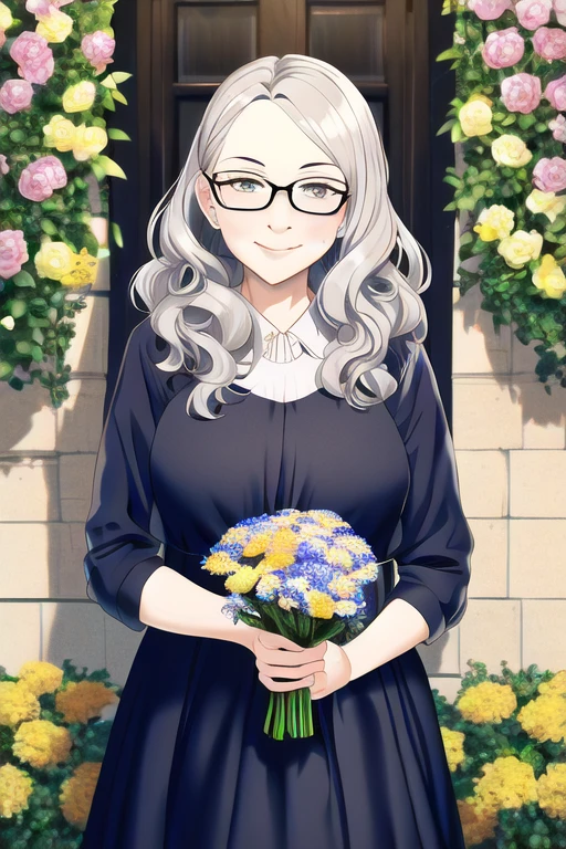 [NovelAI] волнистые волосы очки цветок пожилая женщина платье [Иллюстрация]